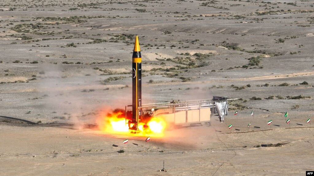 A handout picture provided by Iran's Defense Ministry on May 25, 2023, shows the testing of the fourth generation Khorramshahr ballistic missile, named Khaibar, at an undisclosed location. (AFP photo / HO /Iran Defense Ministry Website) 