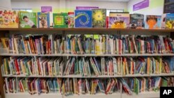 Buku-buku di rak di perpustakaan sekolah dasar di pinggiran kota Atlanta, 18 Agustus 2023 (AP/Hakim Wright Sr.)