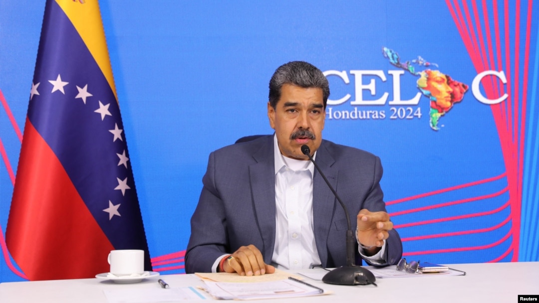 Venezuela's President Nicolas Maduro attends a virtual meeting of the Community of Latin American and Caribbean States (CELAC), in Caracas, Venezuela, April 16, 2024. (Miraflores Palace/Handout via Reuters)