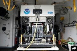 The remotely operated dive vehicle Deep Discoverer is visible aboard the NOAA Okeanos Explorer, in Kodiak, Alaska, June 23, 2023.