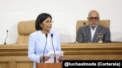 La vicepresidenta de Venezuela, Delcy Rodríguez, durante la presentación de la Ley contra el Fascismo, Neofascismo y Expresiones Similares, el 2 de abril de 2024. 