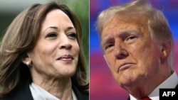 This combination of pictures shows U.S. Vice President Kamala Harris on the South Lawn of the White House on July 22, 2024 and former U.S. president and 2024 Republican presidential candidate Donald Trump in Milwaukee, Wisconsin, on July 18, 2024.