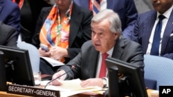 FILE - United Nations Secretary-General Antonio Guterres speaks during a Security Council meeting at United Nations headquarters, Oct. 24, 2023.