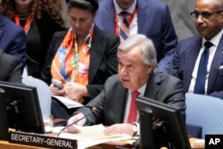 United Nations Secretary-General Antonio Guterres speaks during a Security Council meeting at United Nations headquarters, Oct. 24, 2023.