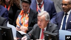 United Nations Secretary-General Antonio Guterres speaks during a Security Council meeting at United Nations headquarters, Oct. 24, 2023.