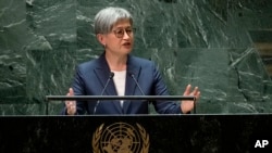 FILE - Australia's Minister for Foreign Affairs Penny Wong addresses the 78th session of the UNGA, Sept. 22, 2023, at United Nations headquarters. Wong said, March 15, 2024, the government will resume funding to UNRWA, which is providing humanitarian aid for Palestinians in Gaza.