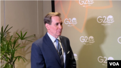 In this image taken from video, U.S. Homeland Security Council spokesman John Kirby answers questions from a VOA reporter at the G20 summit in New Dehli, India, on Sept. 9, 2023.