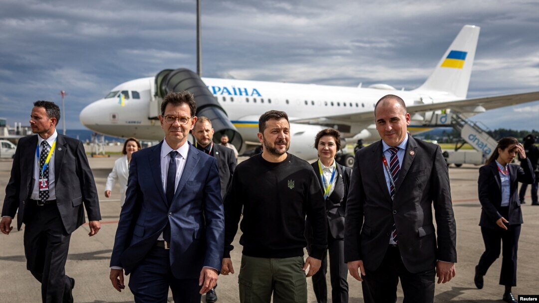 Ukrainian President Volodymyr Zelenskyy arrives at the Zurich airport in Switzerland, June 14, 2024.