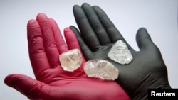 FILE - An employee shows gem-quality stones, including a rare 242-carat rough diamond, to be offered at an auction by Russian state-controlled diamond producer Alrosa, during a presentation in Moscow, Russia, Feb. 25, 2021.