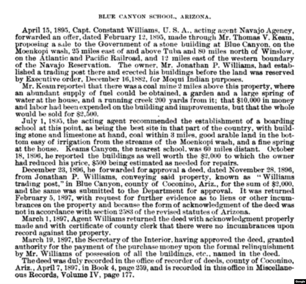 A brief history of the Western Navajo Agency's Blue Canyon boarding school as described in the Annual Report of the Commissioner of Indian Affairs, 1897.