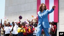 U.S. Vice President Kamala Harris waves as she arrives at Black Star square to address young people in Accra, Ghana, March 28, 2023.