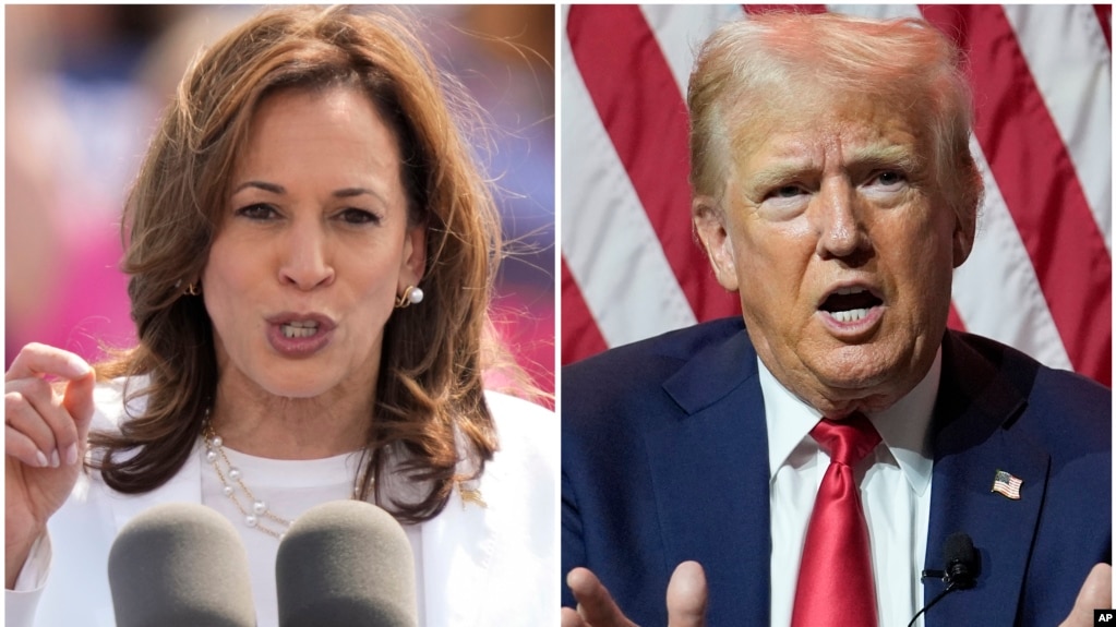 Bức ảnh ghép cho thấy Phó Tổng thống Kamala Harris (ảnh trái) vào ngày 7/8 và ứng cử viên tổng thống đảng Cộng hòa, cựu Tổng thống Donald Trump vào ngày 31/7.