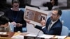 Jonah Leff of Conflict Armament Research shows pictures of debris from armaments used by Russia, found in Ukraine, during a Security Council meeting at U.N. headquarters, June 28, 2024. The findings indicate the weapons were made in North Korea.