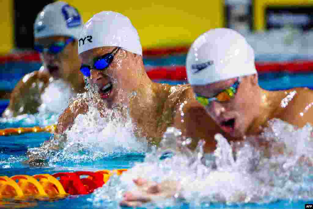 Australia's Bailey Lello, center, and Zac Stubblety-Cook, right, compete in the men's 200-meter breaststroke heats during the Australian Swimming Trials at the Brisbane Aquatic Centre.