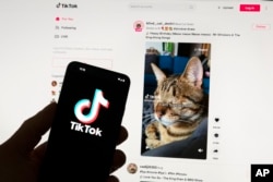 FILE - The TikTok logo is seen on a mobile phone in front of a computer screen which displays the TikTok home screen, March 18, 2023, in Boston.