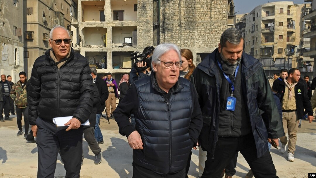 Martin Griffiths, U.N. Under-Secretary General for Humanitarian Affairs and Emergency Relief, visits affected neighborhoods in Aleppo, Syria, Feb. 13, 2023, following the devastating 7.8-magnitude earthquake that rocked Turkey and Syria. 