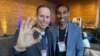 Alex Luebke, Vivek Kumbhari and the PillBot are pictured at the TED Conference in Vancouver, British Columbia, which was held April 15-19, 2024. (Craig McCulloch/VOA)