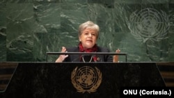 Alicia Bárcena Ibarra, ministra de Relaciones Exteriores de México durante su discurso ante la Asamblea de la ONU en Nueva York, el sábado 23 de septiembre. [Foto: Cortesía ONU].