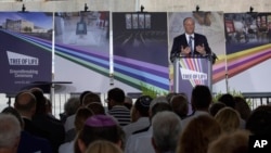 Second gentleman Doug Emhoff gives remarks during the groundbreaking ceremony for the new Tree of Life complex in Pittsburgh, Pennsylvania, June 23, 2024. The new structure is replacing the Tree of Life synagogue where 11 worshippers were killed in 2018.