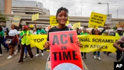 FILE — Activist Vanessa Nakate of Uganda takes part in climate protests in Nairobi, Kenya, as the Africa Climate Summit begins, Sept. 4, 2023.