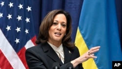FILE - US Vice President Kamala Harris speaks during a joint press conference with Ukrainian President Volodymyr Zelenskyy, not pictured, at the Munich Security Conference in Munich, Germany, Feb. 17, 2024.