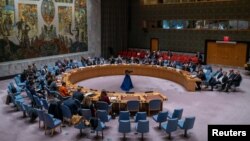 FILE: A general view of the United Nations Security Council during a meeting on "Organization for Security and Cooperation in Europe," at the U.N. headquarters in New York, on May 4, 2023.