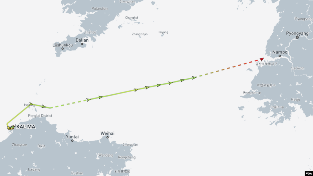 갈마호가 중국 룽커우항에서 북한 남포항으로 이동했다. 자료=MarineTraffic