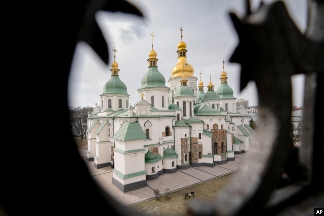 FILE - The Saint Sophia Cathedral, a UNESCO World Heritage Site is seen from a surrounding wall tower in Kyiv, Ukraine, Saturday, March 26, 2022. (AP Photo/Vadim Ghirda)