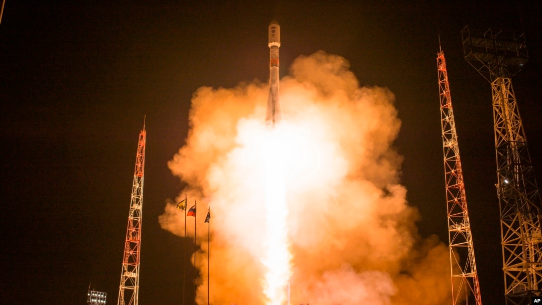 In this photo released by the Russian Defense Ministry Press Service on May 17, 2024, a Soyuz rocket carrying Russian Defense Ministry spacecrafts launches at the Plesetsk Cosmodrome outside Plesetsk, northern Russia. 