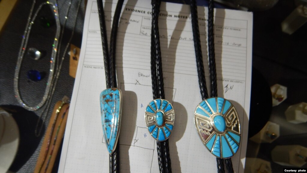 These turquoise bolo ties were marketed as Native American-made but actually imported from the Philippines in violation of the 1990 Indian Arts and Crafts Act. (Courtesy U.S. Fish and Wildlife Service Office of Law Enforcement)