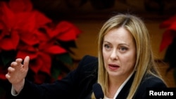 FILE - Italy's Prime Minister Giorgia Meloni speaks at a news conference in Rome, Dec. 29, 2022.