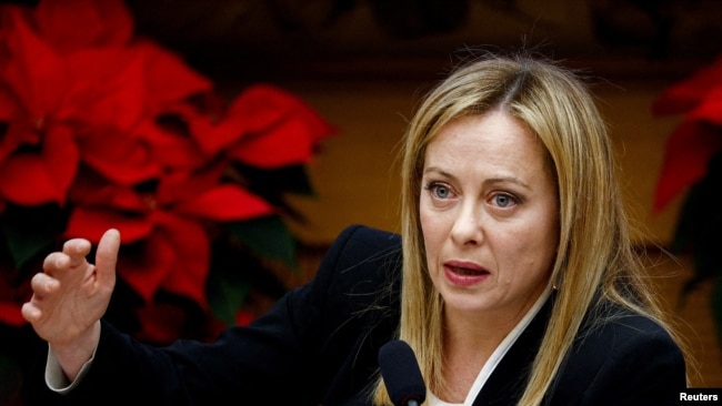 FILE - Italy's Prime Minister Giorgia Meloni holds her end-of-year news conference in Rome, Dec. 29, 2022.