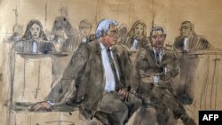 This court sketch made on May 17, 2023, shows former French President Nicolas Sarkozy's lawyer Thierry Herzog (L) and former French President Nicolas Sarkozy (R) attending the conclusion session of the appeal of a corruption trial at Paris courthouse.