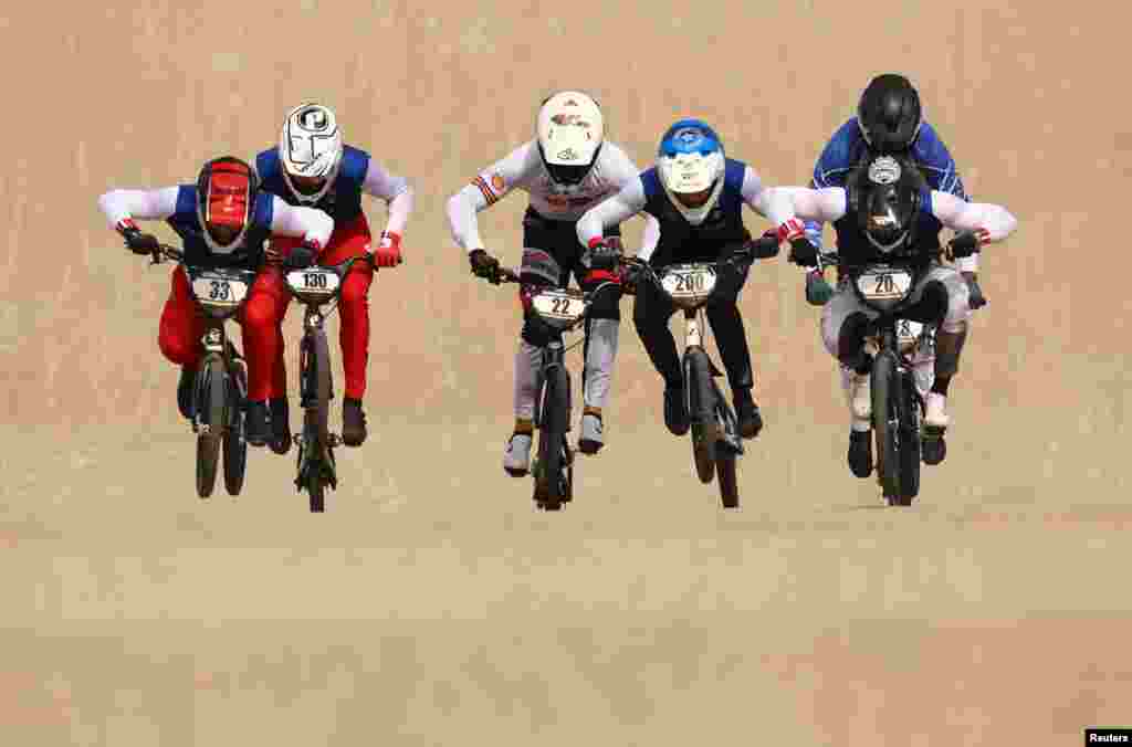 Riders compete during the BMX Racing men&#39;s elite final of the UCI World Championships in Glasgow, Scotland, Britain.