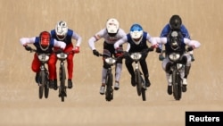 Riders compete during the BMX Racing men&#39;s elite final of the UCI World Championships in Glasgow, Scotland, Britain.