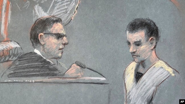 FILE - Massachusetts Air National Guardsman Jack Teixeira appears in U.S. District Court in Boston, April 14, 2023, in this courtoom sketch. Teixeira, accused of leaking classified military documents, is expected to plead guilty in his case.