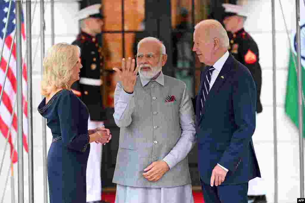 جو بایدن، رییس جمهور ایالات متحده و همسرش جیل بایدن از نرندرا مودی صدر اعظم هند در قصر سفید پذیرایی کردند