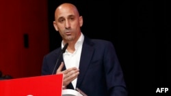 In this handout image released by the Spanish Royal Football Federation (RFEF) on Aug. 25, 2023, RFEF President Luis Rubiales delivers a speech during an extraordinary general assembly of the federation in Las Rozas de Madrid, Aug. 25, 2023.