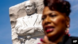 Bernice King, the daughter of Martin Luther King, Jr., speaks at the Martin Luther King, Jr., Memorial in Washington, Aug. 25, 2023.