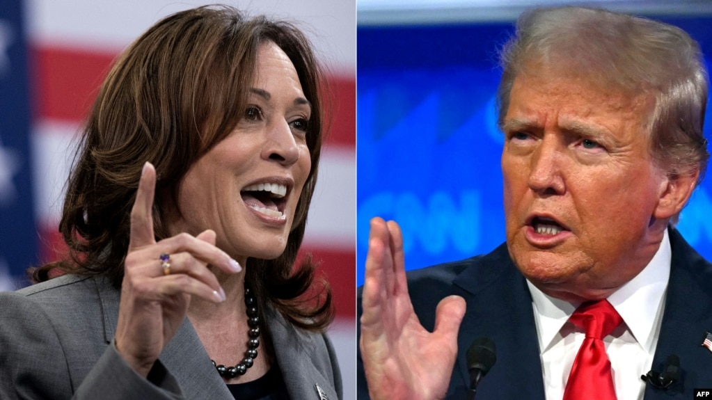 This combination of file photos created on Aug. 3, 2024 shows U.S. Vice President Kamala Harris in Raleigh, North Carolina on March 26, 2024, and former U.S. President Donald Trump in Atlanta, Georgia, on June 27, 2024.