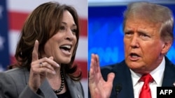 This combination of file photos created on Aug. 3, 2024, shows presidential candidates U.S. Vice President Kamala Harris in Raleigh, North Carolina, on March 26, 2024, and former U.S. President Donald Trump in Atlanta, Georgia, on June 27, 2024.