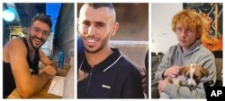 This photo combo shows three hostages who had been abducted from Israeli communities near the Gaza border, from left, Alon Shamriz, Samer Al-Talalka and Yotam Haim. Israeli troops mistakenly shot the three hostages to death on Dec. 15, 2023.