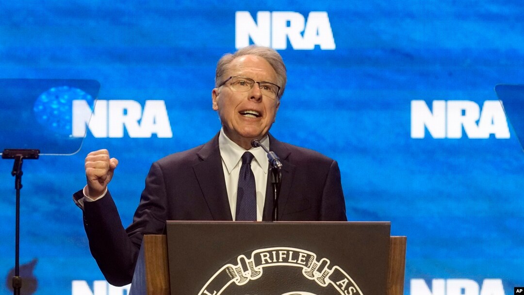 FILE - Wayne LaPierre, CEO and executive vice president of the National Rifle Association, addresses the NRA Convention on April 14, 2023, in Indianapolis, Indiana. LaPierre resigned from those positions on Jan. 5, 2024, effective Jan. 31, 2024. 