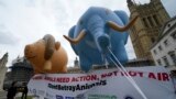 FILE - Animal rights activists in London hold onto balloons in the shape of a lion and an elephant in support of an animal protection bill that was in Parliament on April 27, 2022. Activists lost a battle on Sept. 22, 2023, when the House of Lords blocked a trophy-hunting bill.