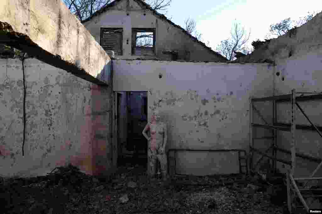 Burned houses are seen following a wildfire in the Penteli area near Athens, Greece.