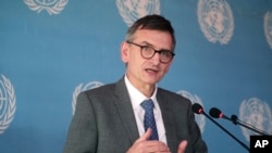 FILE - Volker Perthes, the U.N. envoy for Sudan, speaks during a conference in Khartoum, Sudan, Jan. 10, 2022. Perthes is stepping down from his role and told the U.N. Security Council on Sept. 13, 2023, that "this conflict is leaving a tragic legacy of human rights abuses."