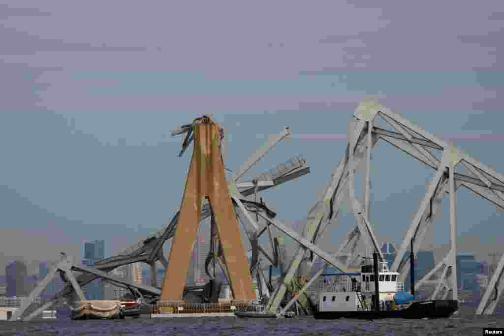 A view of the Francis Scott Key Bridge, after the Dali cargo vessel crashed into it causing it to collapse, in Baltimore, March 26, 2024.