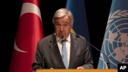 FILE - U.N. Secretary-General Antonio Guterres speaks to reporters during a news conference in Istanbul, Turkey, Aug. 20, 2022, following talks on a continued wartime export of Ukrainian grain.