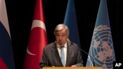 FILE - United Nations Secretary General Antonio Guterres speaks to the media during a press conference at in Istanbul, Turkey, Aug. 20, 2022, following talks on a continued war-time export of Ukrainian grain.