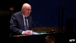 Russian representative Vasily Nebenzya speaks to a special session of the General Assembly on Ukraine, at U.N headquarters. in New York, on Feb. 22, 2023.